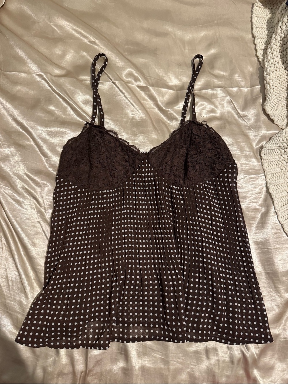 Polka Dot Lace Cami Top — Brown with White Dots